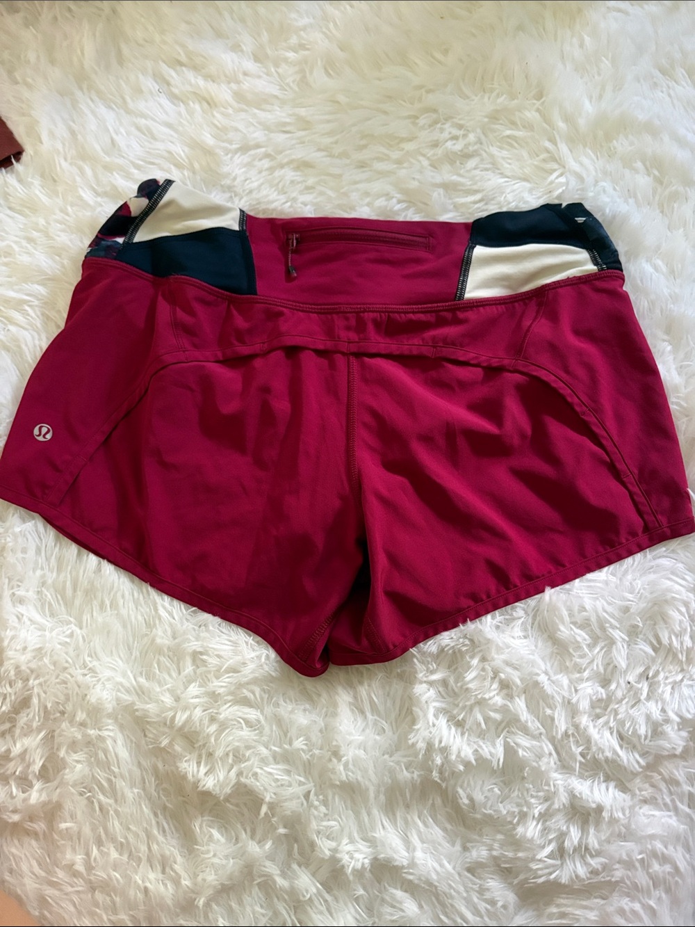 lululemon athletica Raspberry Athletic Shorts with Navy and Cream Waistband